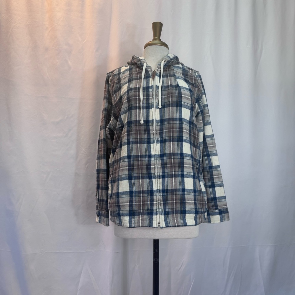 L.L. Bean Womens Hooded Plaid Shirt Jacket - Blue, Cream & Brown